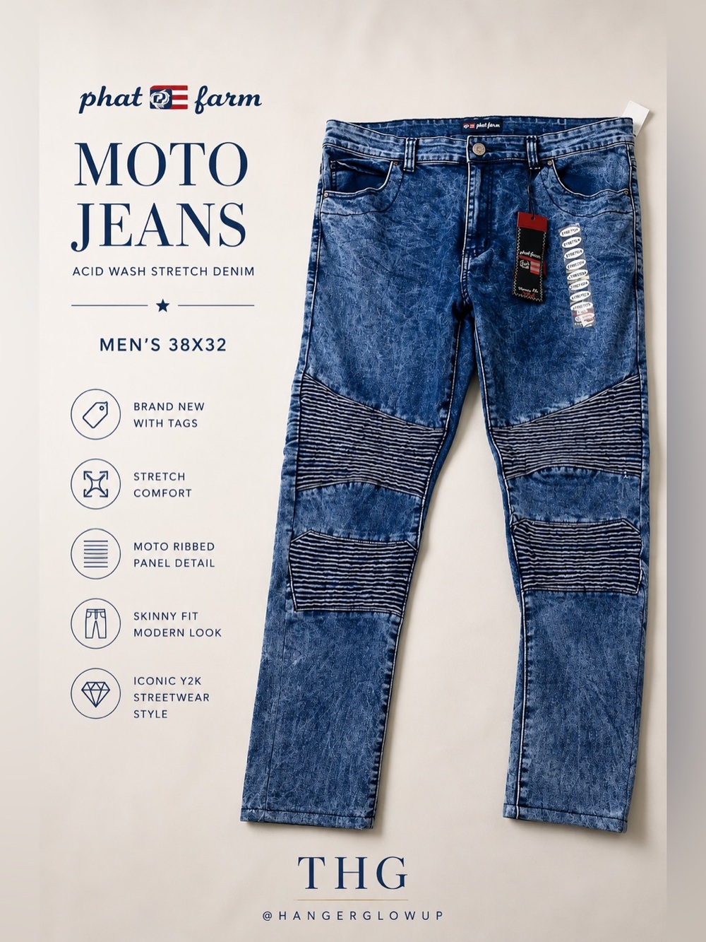 Phat Farm Moto Ribbed Skinny Jeans Acid Wash Stretch Denim Men’s 38x32 NWT